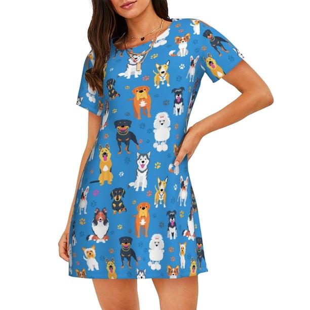 Disketp Cute Dogs para Camisón Corto de Manga Corta para Mujeres, Camisón Cómodo con Escote Redondo, Bonito y Confortable