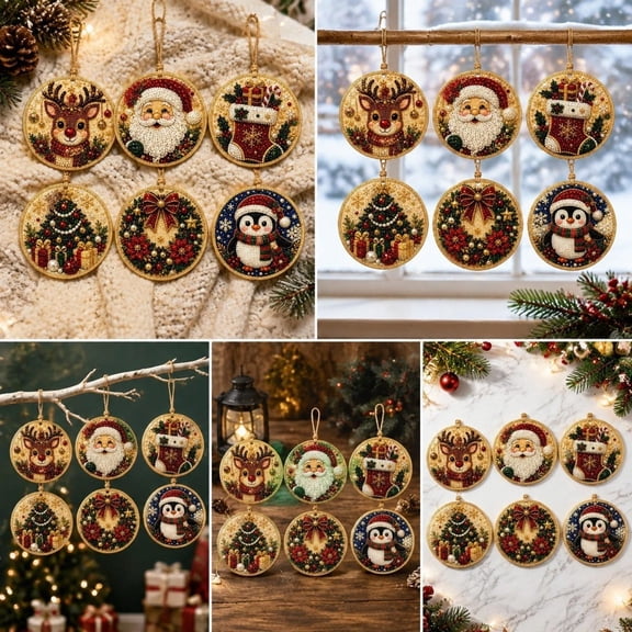 6 Pack DIY Christmas Pearl Painting Ornament Kit, Wooden Bead Art Craft Set, Hanging Decoration for Christmas Tree, Holiday Gift