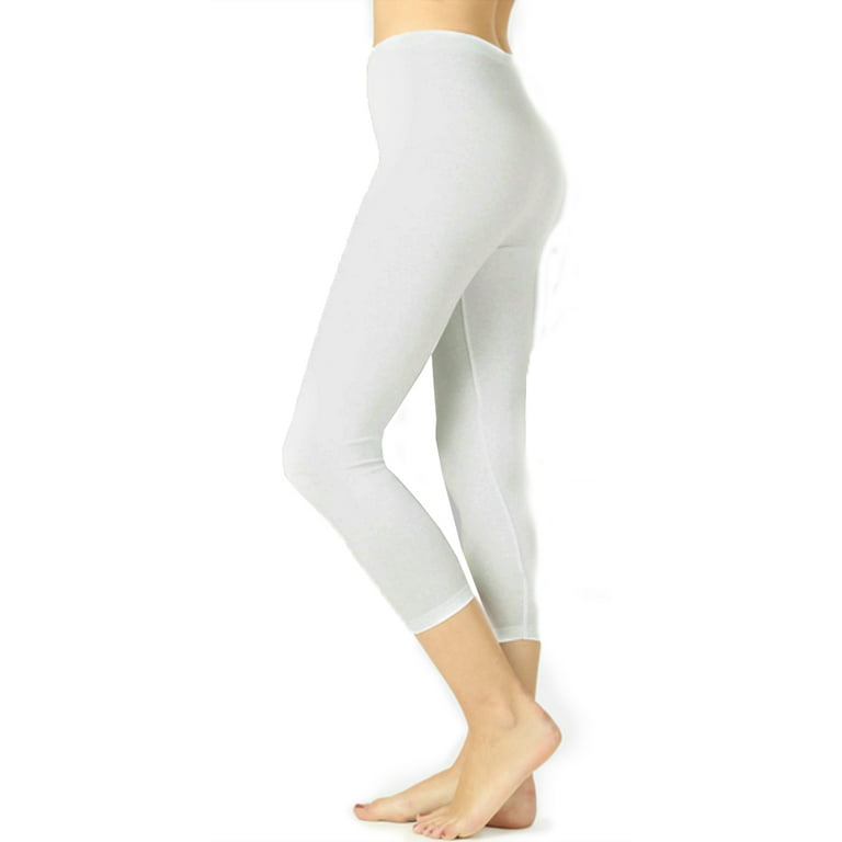 Capri Leggings Soft and Smooth with Extra Stretchy Fabric 3/4 Ribbed  Cropped High Waist (White)
