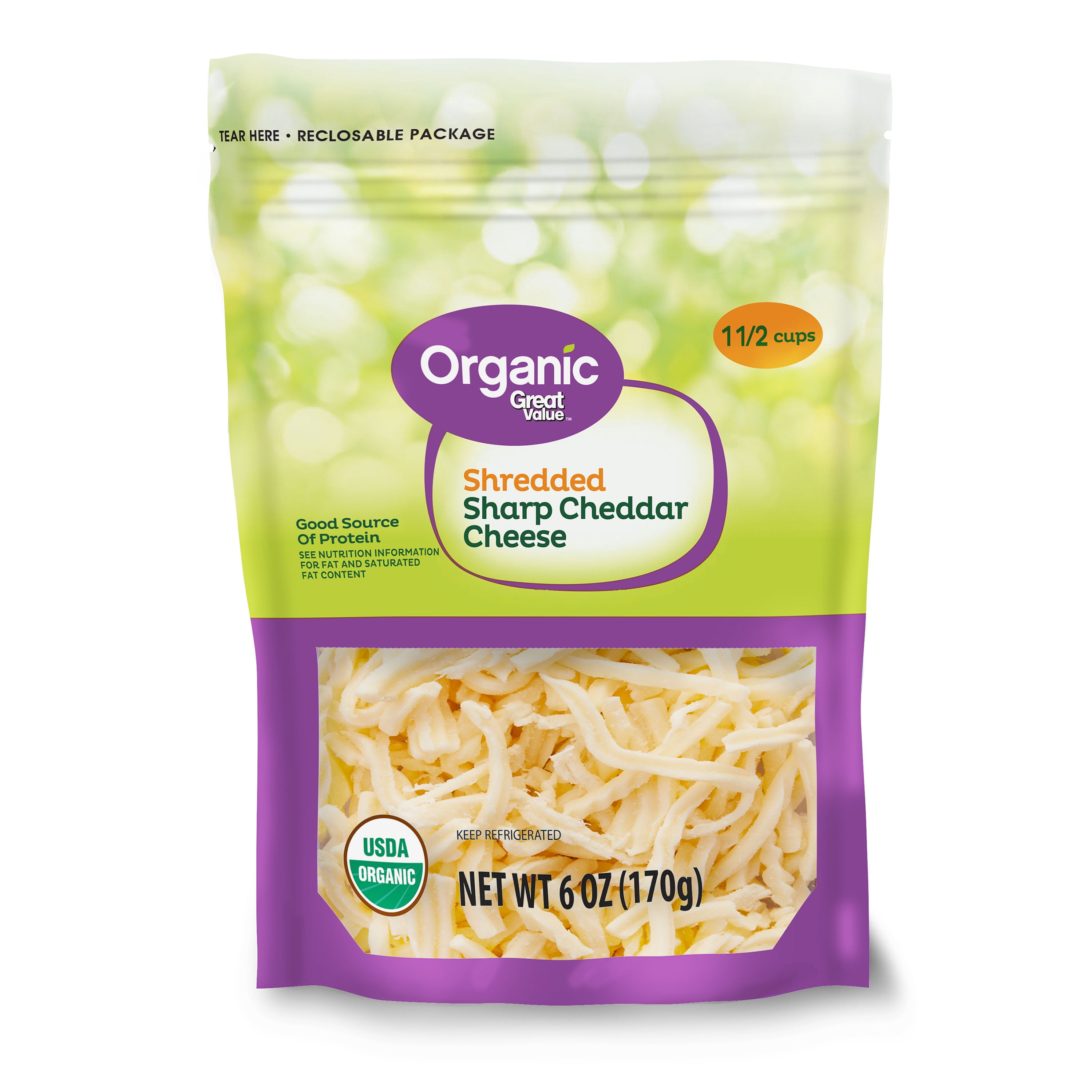 Great Value Organic Shredded Sharp Cheddar Cheese, 6 oz