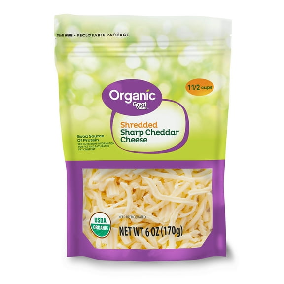 Great Value Organic Sharp Cheddar Shredded Cheese, 6 oz Bag