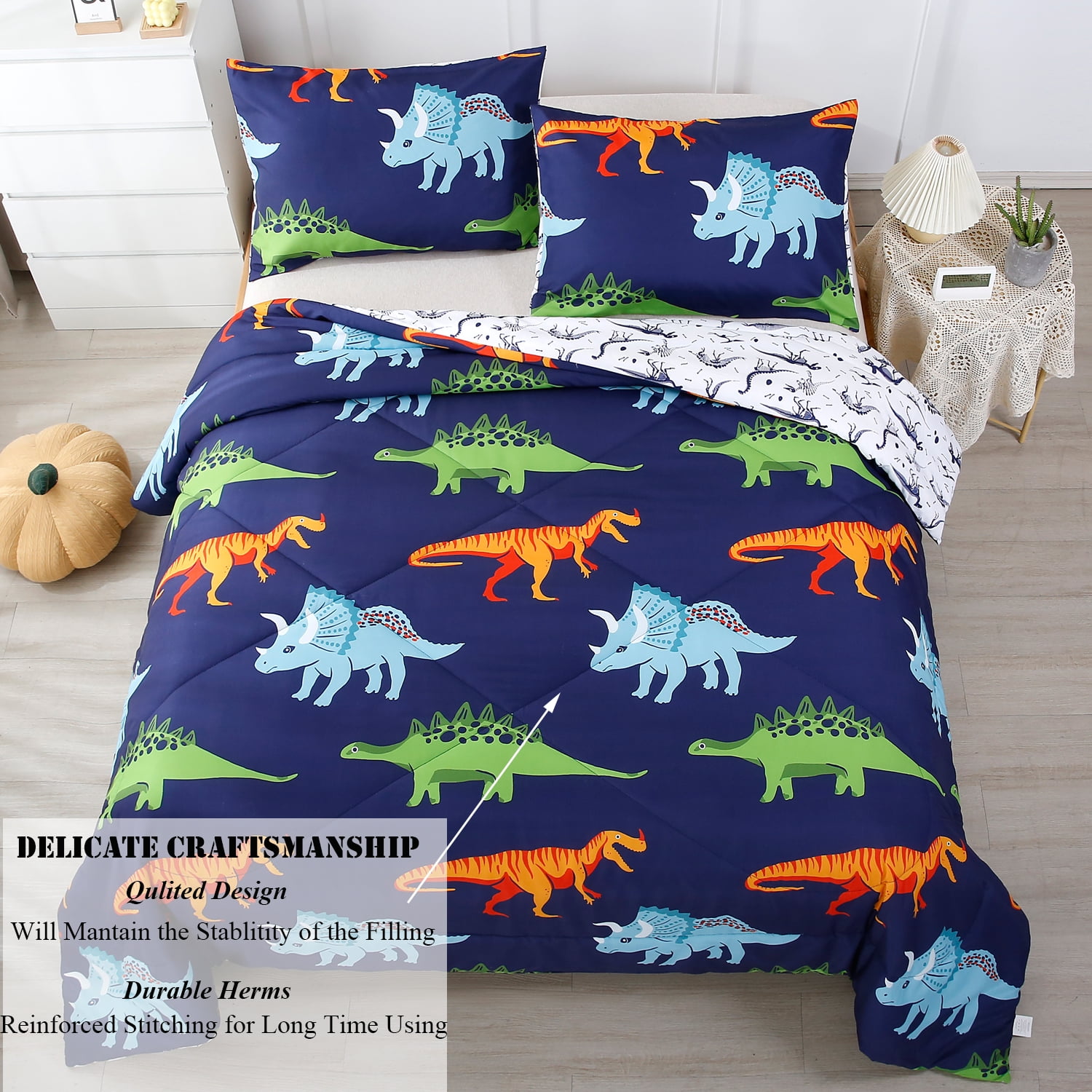 URBONUR 3 Pcs Dinosaur Twin Size Bedding Sets for Boys, Dinosaur Printing Boys Comforter Set, Blue and White Reversible Bed Comforter Set for Kids/Toddlers/Teens