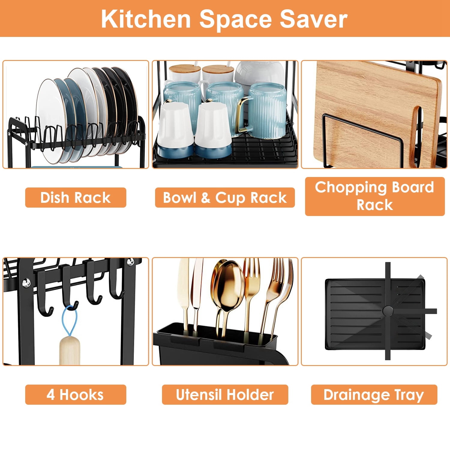 2 Tier Dish Drying Rack, Carbon Steel Rust Resistant Kitchen Drainer, Large Capacity Tableware Organizer with Drainage Tray, Removable Utensil Holder, for Kitchen Countertop Sink Corner