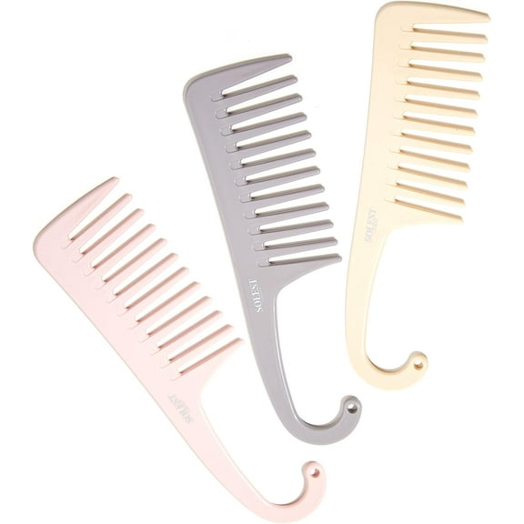 Shower Comb with Hanging - Detangler Wide Tooth Comb - Wide Tooth Hanging Comb Set of 3 - Large Wet Comb with Hook - 3 Colour Antistatic Detangling Hair Brush - Soft Matte Colors Hair Brush For Women