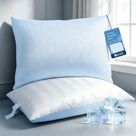 Cooling Pillows King Size Set of 2 Soft Medium 500 Thread Count Cotton Damask Stripe Embroidered Down Alternative