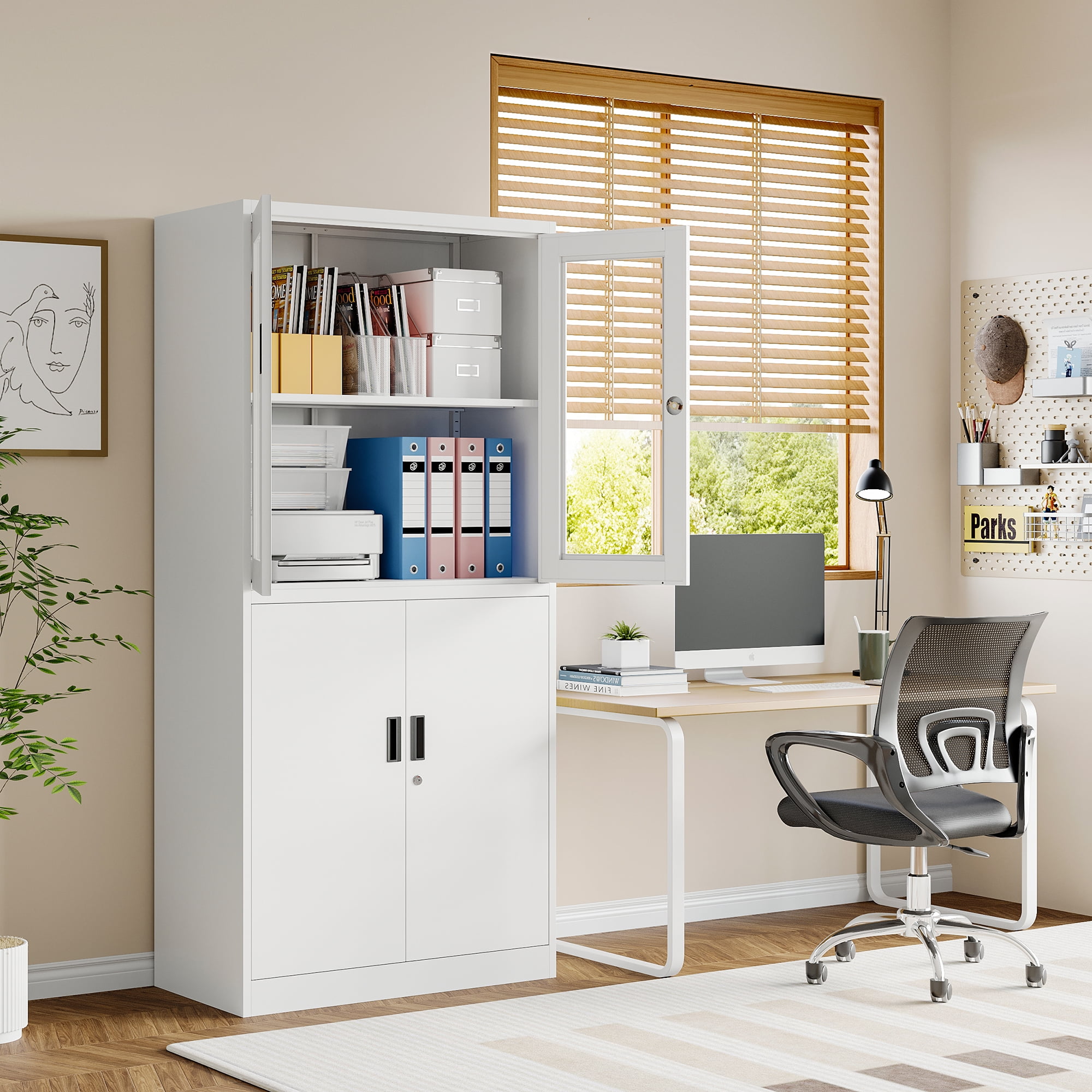 STANI Heavy Duty Metal Cabinet with Lock, Tall Office Storage Cabinet with Glass Door, Lockable White Steel Cabinet with 2 Adjustable Shelves for Home, Clinic, Pantry, Basement