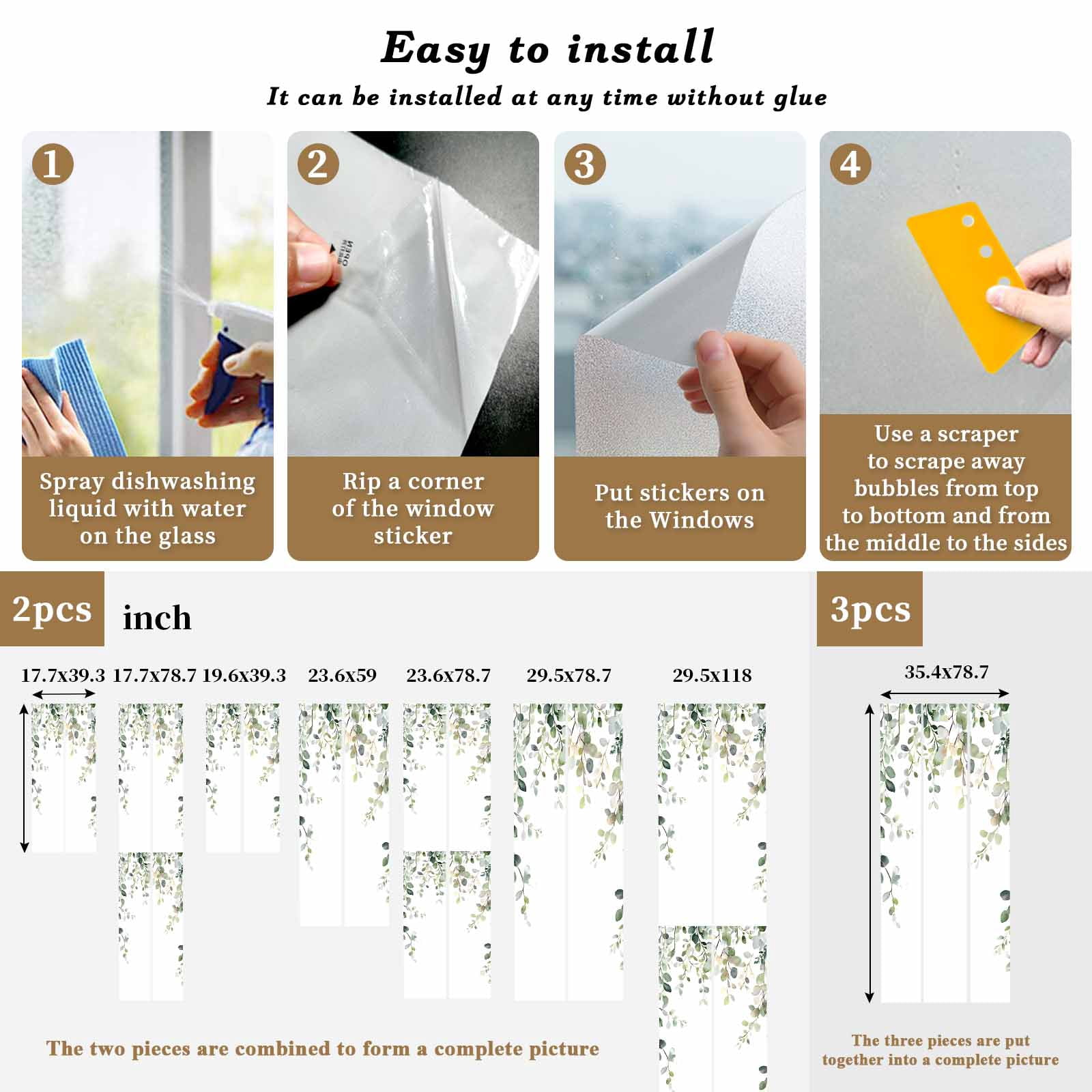 Removable Glass Window Covering, Eucalyptus Leaves Window Privacy Film Frosted, Pastoral Farmhouse Spring Botanical Decorative Privacy Windows Film for Bedroom, Living Room, 19.6 x 39.3 Inches