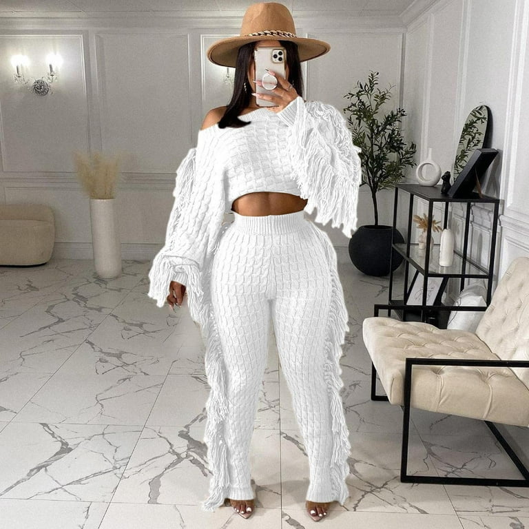Women Clothing On Sale Women Fashion Casual Clothes Solid Color Two Piece  Knitted Long Sleeve Tassel Outfits Outfits for Women 2 Piece Sets 