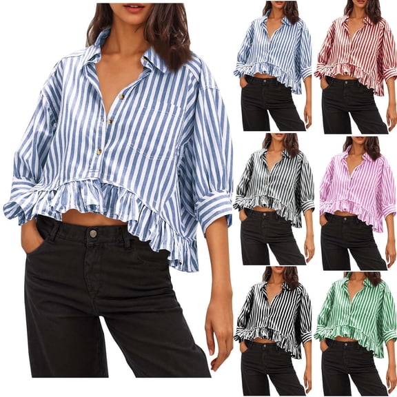 Mifsaly Striped Shirt Women 3/4 Sleeve Button Down Crop Tops Lapel Ruffled Hem Blouse Business Fashion T-Shirts Ladies Dressy Casual Teacher Pullover Top XL