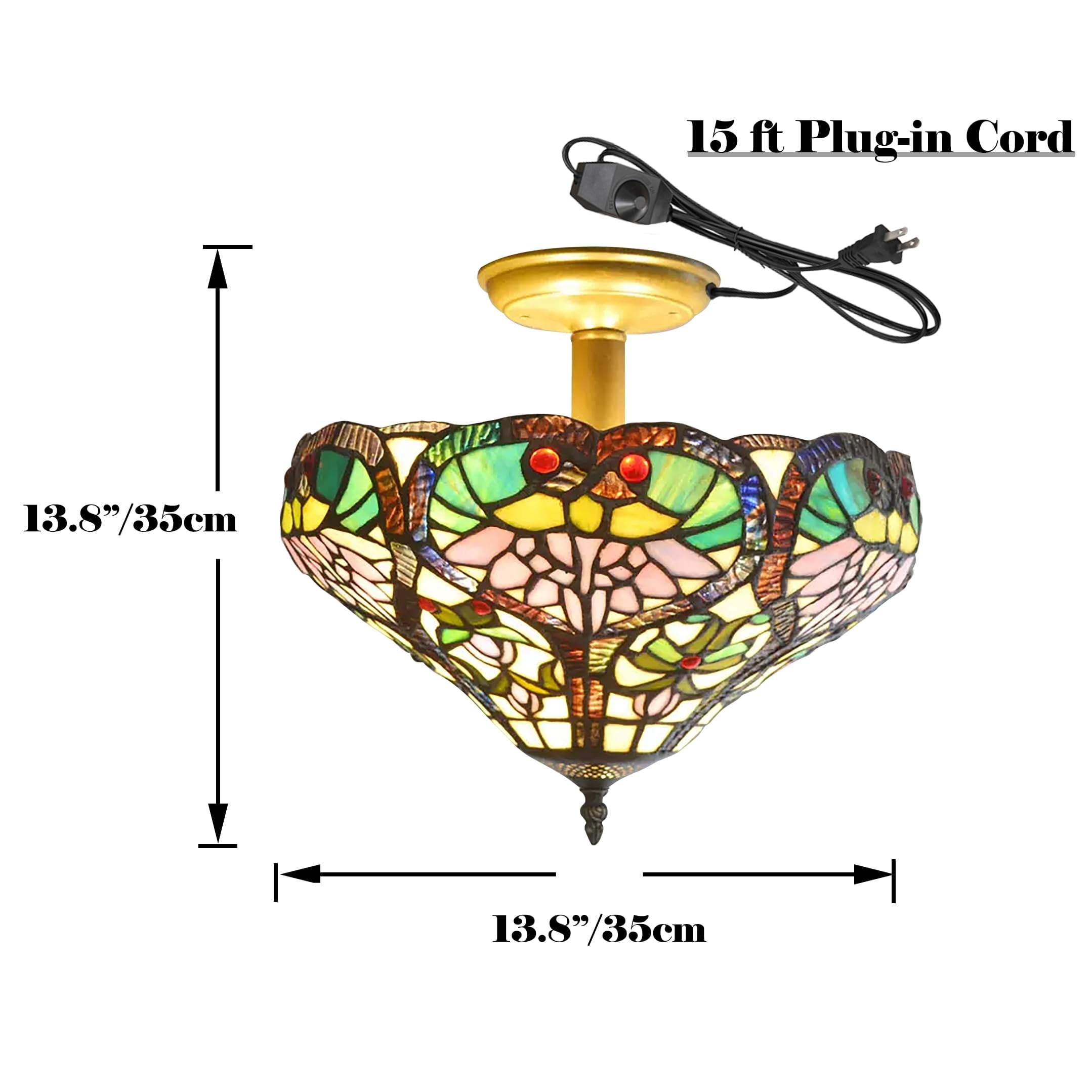 Kiven 13.8in Plug-in Flush Mount Ceiling Light Fixture, 3-Light Anti Glare Close to Ceiling Light with 15FT Cord, Tiffany-Style Glass Chandelier Dimmable for Bedroom Kitchen Hallway(No.3213)