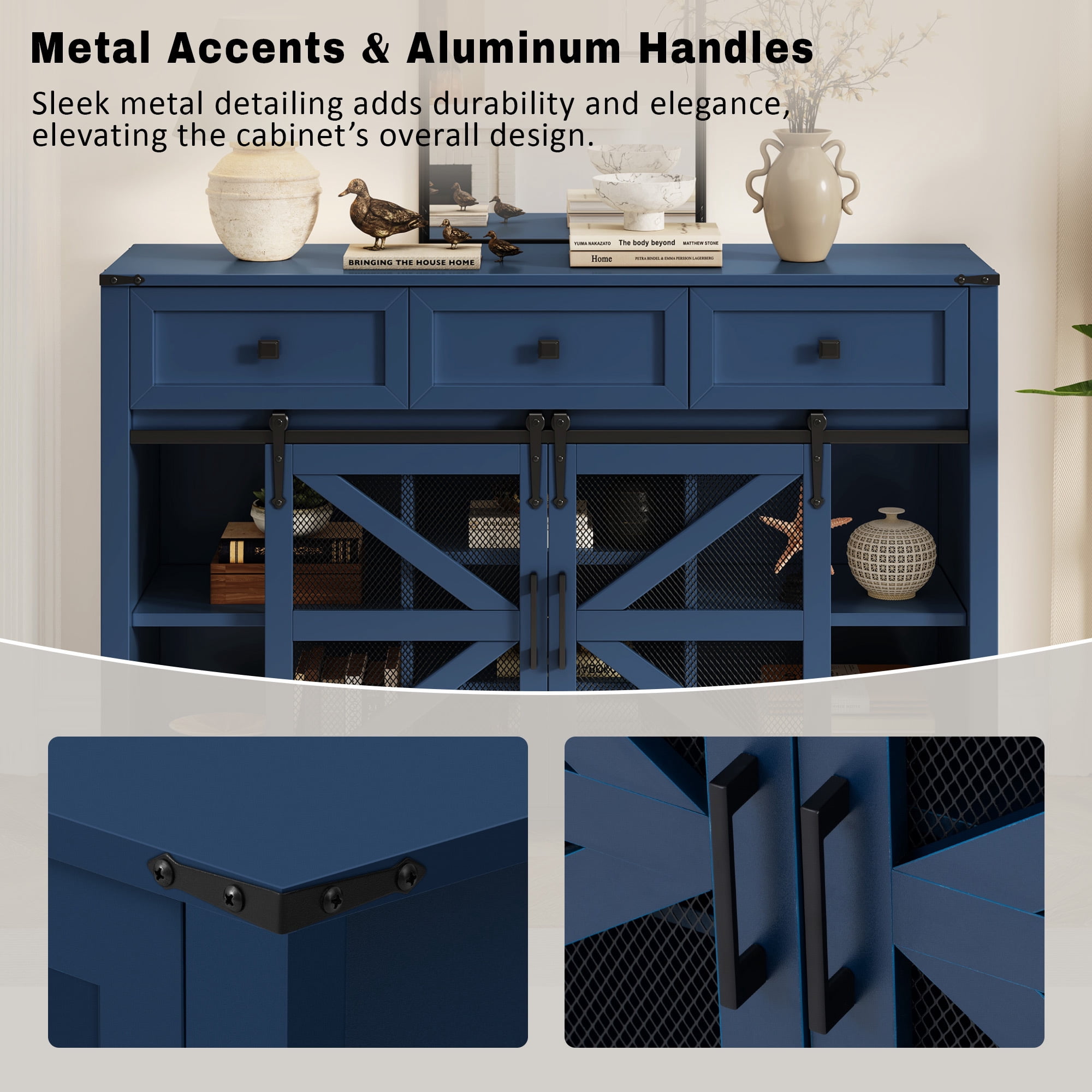 Leumius 55In Sliding Barn Door Sideboard Buffet Cabinet with 3 Drawers, Adjustable Shelves, Metal Mesh & Particleboard Doors, Aluminum Handles, Industrial Storage for Living or Dining Room Blue