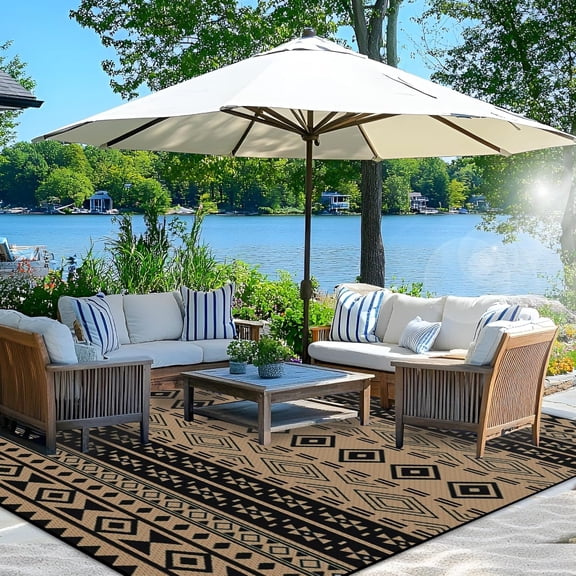 Outdoor Rugs 8x10 ft Patio Waterproof Clearance Indoor Outdoor Large Carpet for Patio Plastic Straw Reversible Area Rugs Mat for RV, Camping, Balcony, Beach, Picnic, Porch, Boho Black & Brown