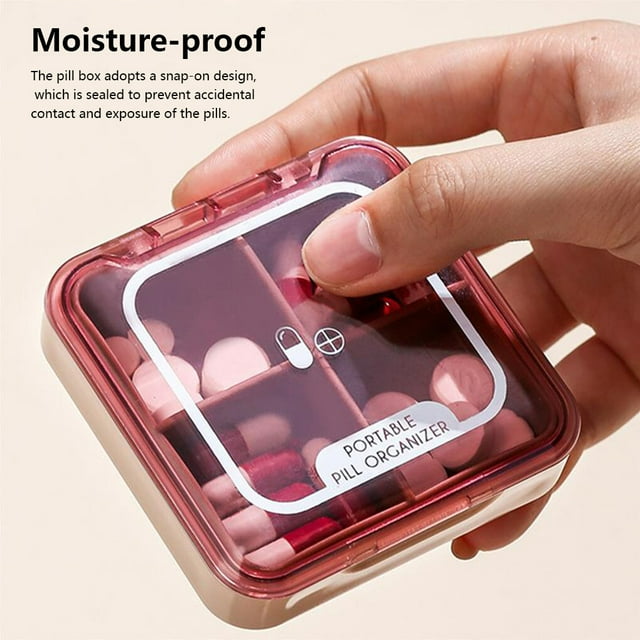 Pill Box Mini Portable Tablet Container 4 Grids Detachable Cute Moisture-proof Dispenser Daily Tablets Indoor Outdoor Organizer Blue