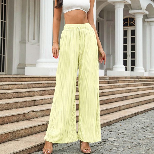 Mefallenssiah Women Fashion Solid Color Elastic Waist Tie Full Length Pants