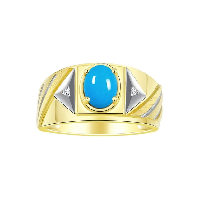 RYLOS Men's Rings 14K Yellow Gold Ring Classic Designer Style 8X6MM Oval Gemstone & Diamond Ring Turquoise Birthstone Rings For Men Size 13