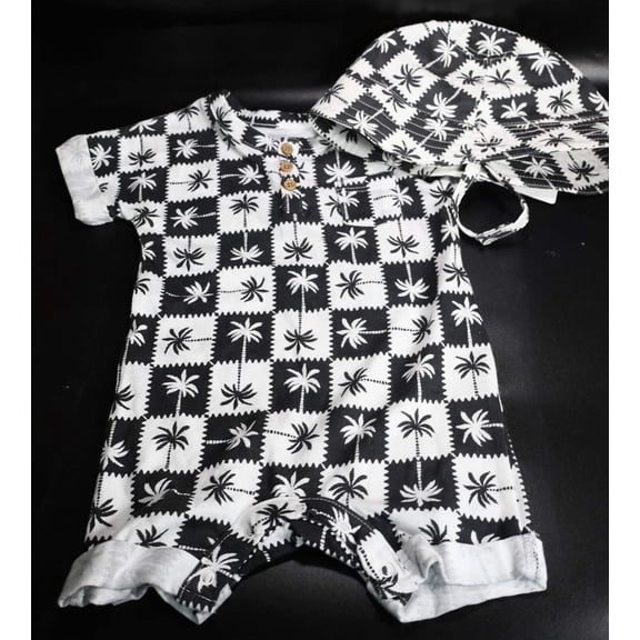 Grayson Mini Baby Palm Romper W/ Matching Hat, Black/White, Size 3-6 Months