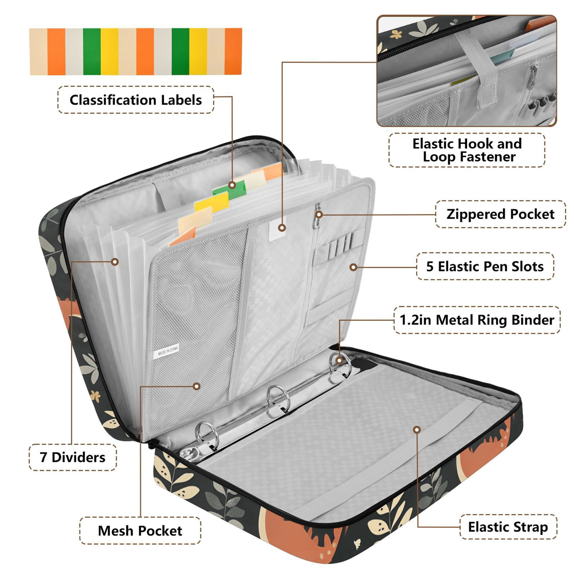 FORMRS Accordion File Folder A4 Size 7-Pocket Expanding Document Organizer Bag with 3 Ring Binder, Gray Dinosaur