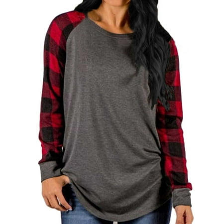 - Womens O Neck Long Sleeve Plaid Patchwork Tops