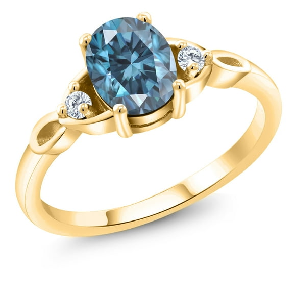 Gem Stone King 18K Yellow Gold Plated Silver Persian Blue Moissanite and White Moissanite 3-Stone Rings for Women (1.46 Cttw, Gemstone, Oval 8X6MM, Available in Size 5, 6, 7, 8, 9)
