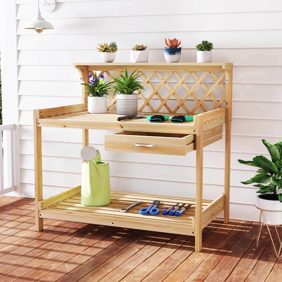 Auranook Garden Potting Bench Table w/Lattice Trellis Removable Drawer Top & Lower Shelf