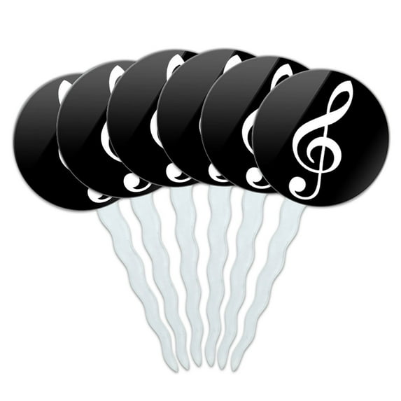 Vintage Treble Clef Music Black Cupcake Picks Toppers - Set of 6