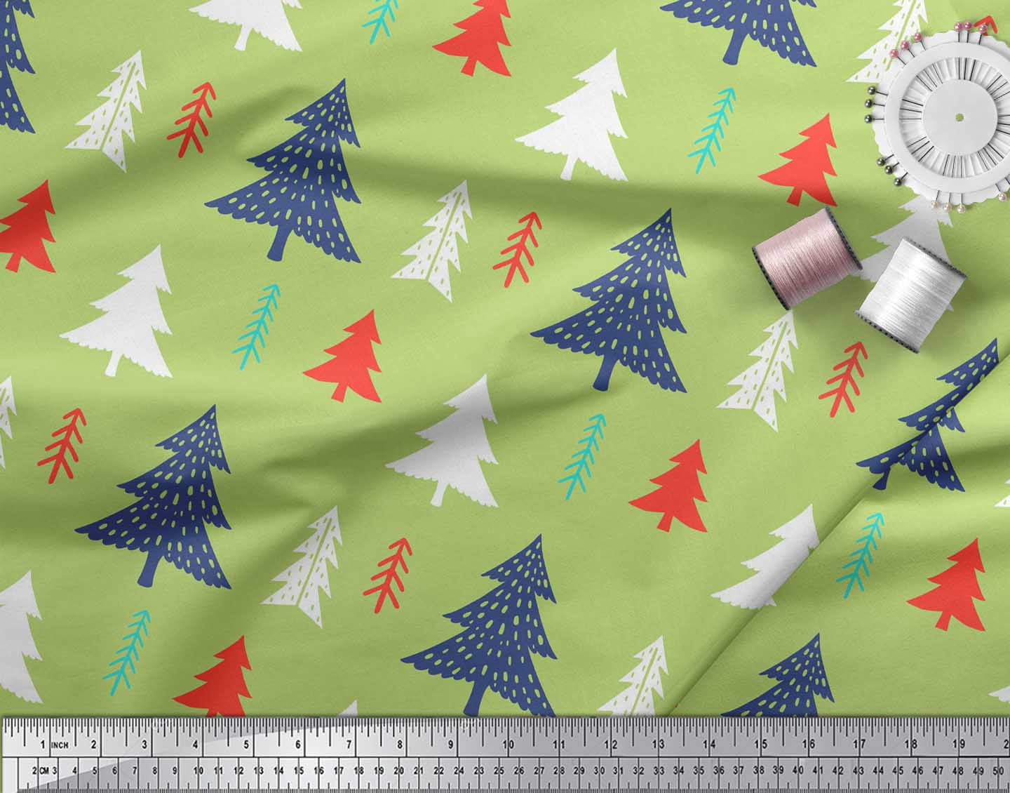 Soimoi Green Rayon Fabric Christmas Tree Decor Fabric Printed Yard 56 Inch Wide
