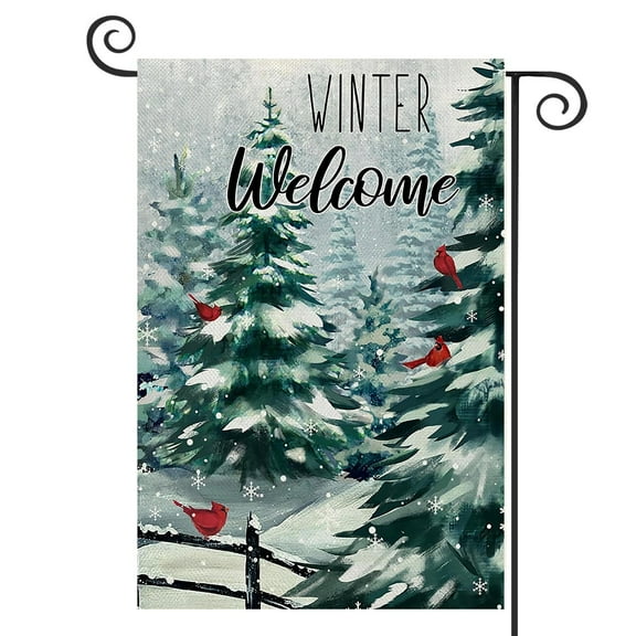 DMERBYL Winter Welcome Pine Trees Garden Flag Double Sided, Snowy Forest Cardinal Red Birds Decorative Yard Outdoor Home Small Decor, Christmas Snowflakes Farmhouse Outside House Decoration 12 x 18