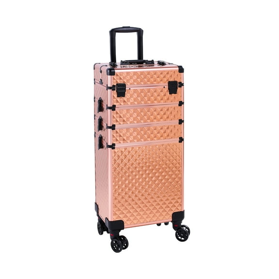 UBesGoo Makeup Rolling Case Trolley Box 4-in-1 with Wheels, Professional Cosmetic Organizer Storage Luggage, Beauty Travel Train Bag , Rose Gold