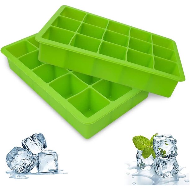 Ice Cube Trays, 2 Packs Silicone Ice Cube Tray FDA Approved Food Grade Ice Molds, 15 Cubs per Tray - Green