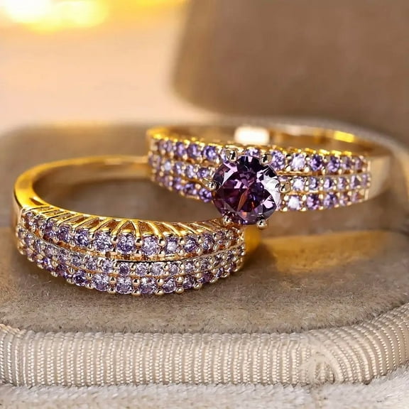 Divine_creation 2.00 Ct Round Cut Purple Amethyst Womens Wedding Bridal Ring Set 14K Yellow Gold Plated 925 Sterling Silver -5.5