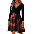 thumbnail image 5 of Halloween Dresses for Women Castle Printed Long Sleeve Fall Swing Dress Bat Cocktail V-Neck Classic Tea Length Dress with Belt M, 5 of 7