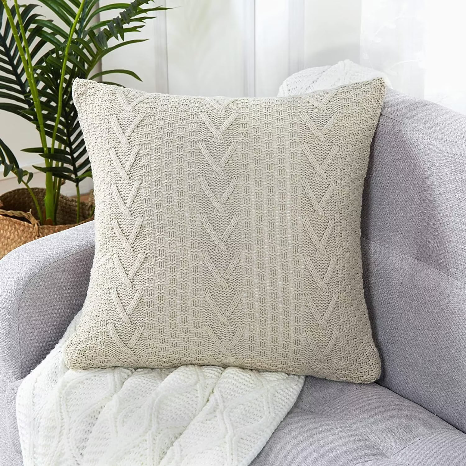 Dsstyles Decorative Pillow Covers 18x18, Square Throw Pillows Cotton Knitted Neutral Throw Pillow Covers Boho Farmhouse Textured Pillows for Home