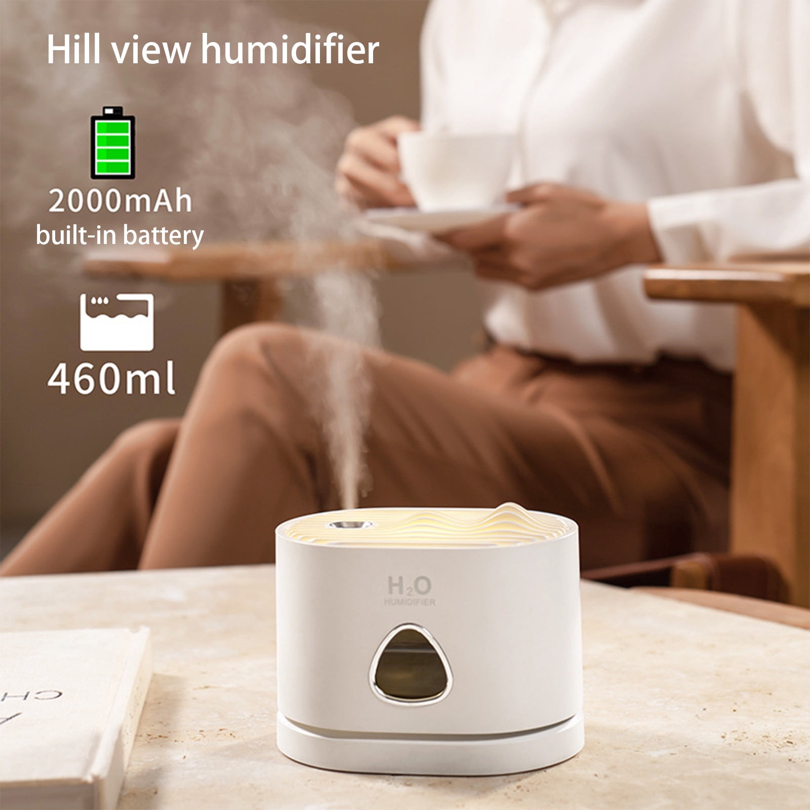 Blasgw Cool Mist Humidifiers For Babies, 460ML Quiet And Small Humidifier For Bedroom Nightstand, Mountain View, Space Saving, Auto Shut Off With LED Night Light White