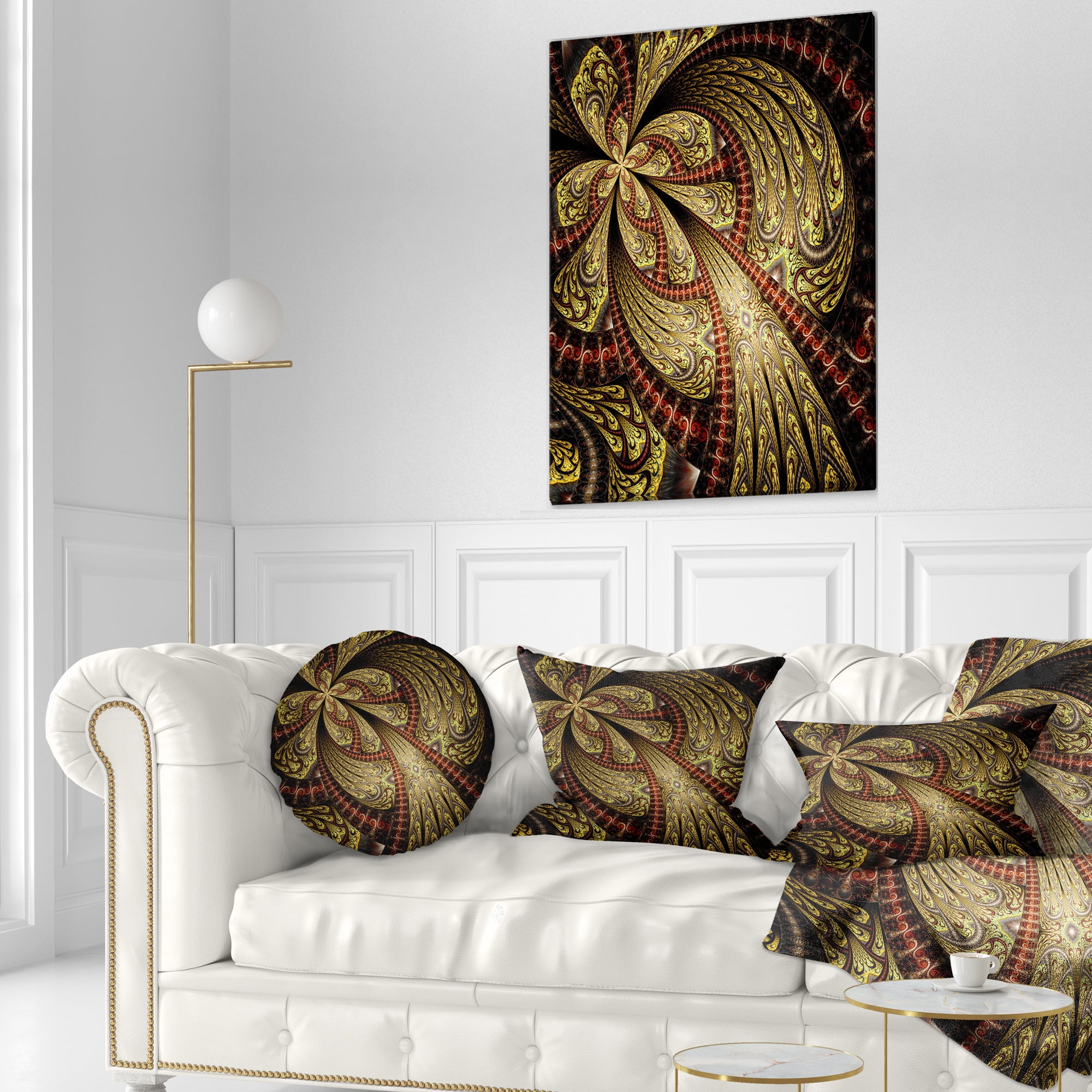 Designart 12" x 20" Contemporary and Modern Black Fractal and Flower Polyester Throw Pillow