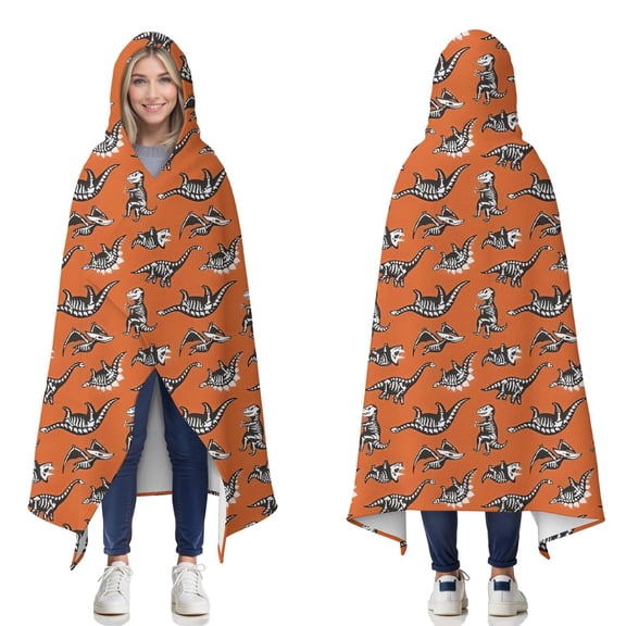 Wearable Blanket,Orange Dinosaurs Skeletons Pattern Hooded Wearable Flannel Blanket for Adults & Teens,Winter Poncho Shawl Wrap Cape Cozy Anti-Pill,50"x60"