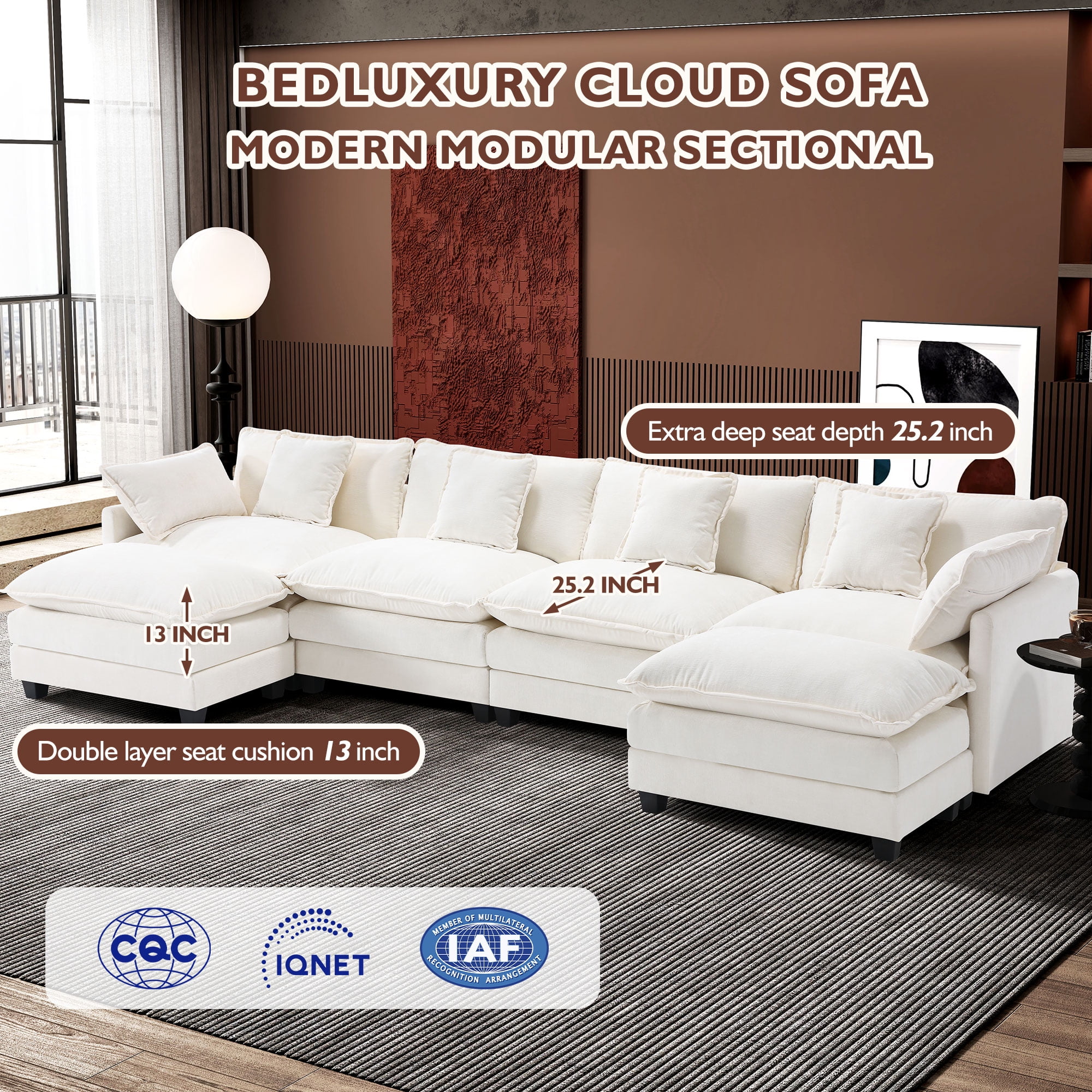 BedLuxury 146.5'' U shape Modular Sectional Sofa with Movable Ottomans, Modern Chenille Deep Seat Couches for Living Room, Apartment, Office, 4-Seat, Beige