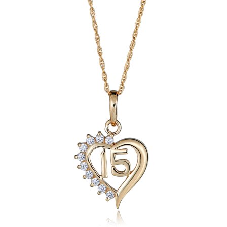 AVORA 10K Yellow Gold Simulated Diamond CZ Quinceanera "15" Anos Heart Pendant Necklace with 18" Chain