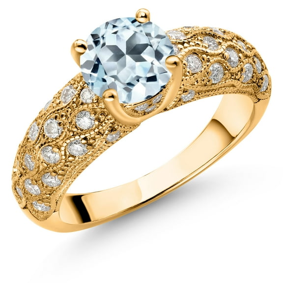 Gem Stone King 18K Yellow Gold Plated Silver Sky Blue Topaz and White Moissanite Engagement Ring for Women (2.04 Cttw, Round 7MM, Gemstone November Birthstone, Size 5)