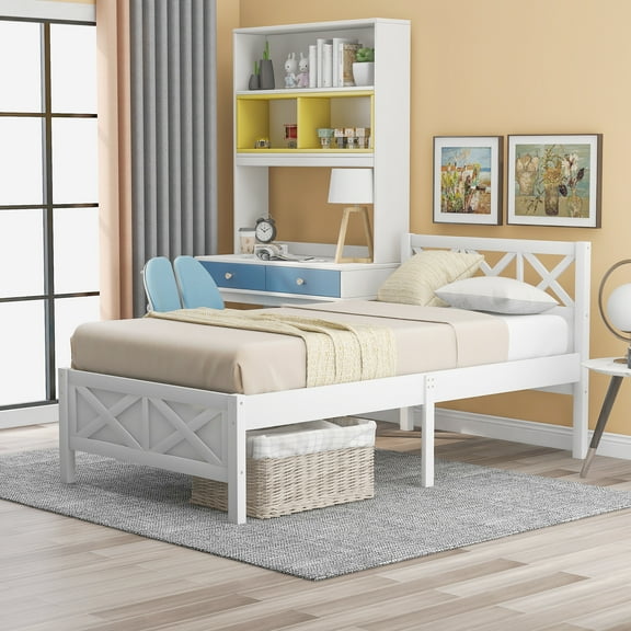 EUROCO Twin Size Wooden Platform Bed with X-shaped Frame, Gray