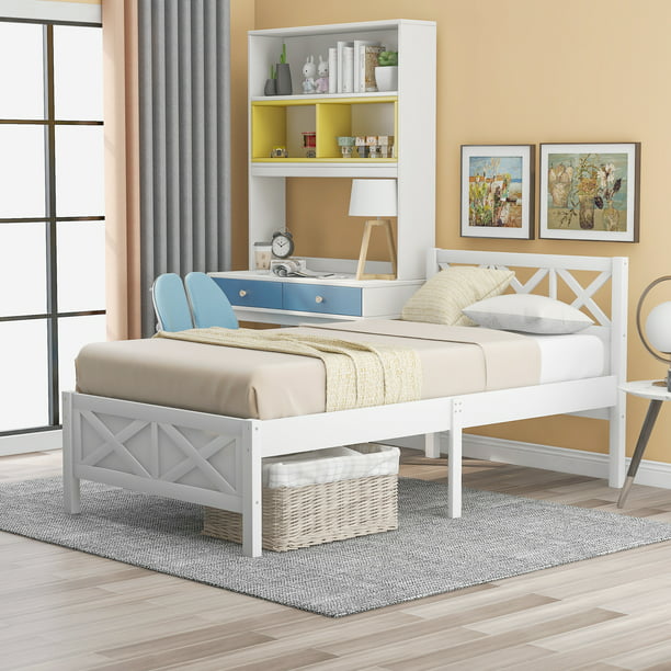 EUROCO Twin Wooden Platform Bed with X-shaped Frame, White - Walmart ...