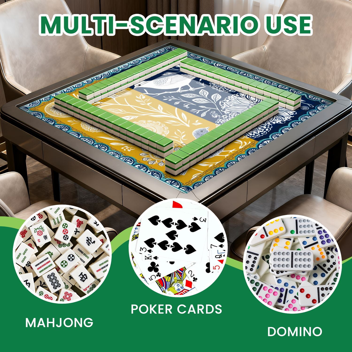 Mahjong Mat 31.5" x 31.5" Floral Bird White Flowers Mustard Navy Hand Drawn Decorative Non-Slip Noise Reduction American Mahjong Tiles Table Cover for Dominoes Poker Card Board Games Gift