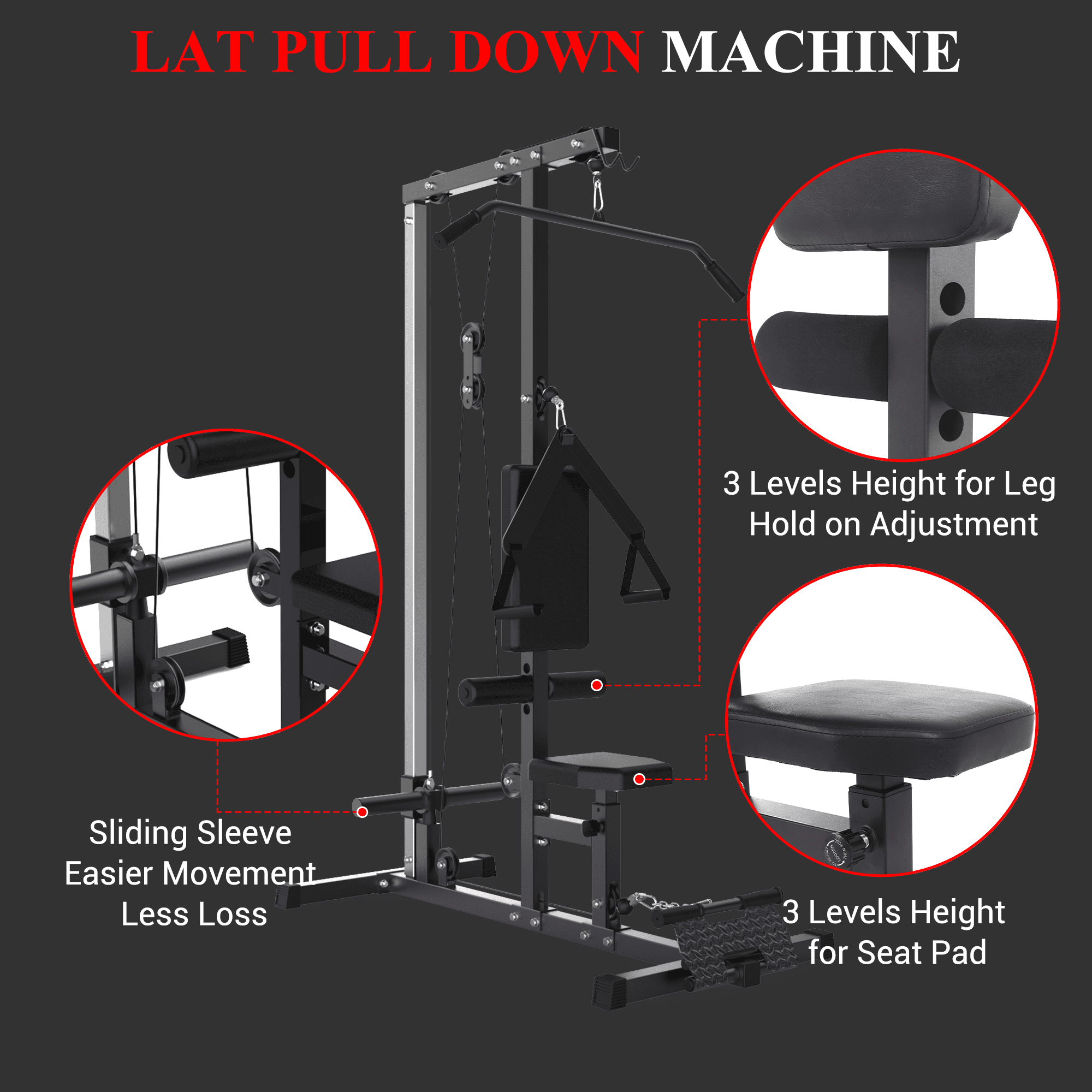LAT Power Cable Machine, LAT Pull Down Machine with High and Low Pulley Station and Adjustable Leg Support, Back Exercise Equipment for Home Gym Body Strength Training