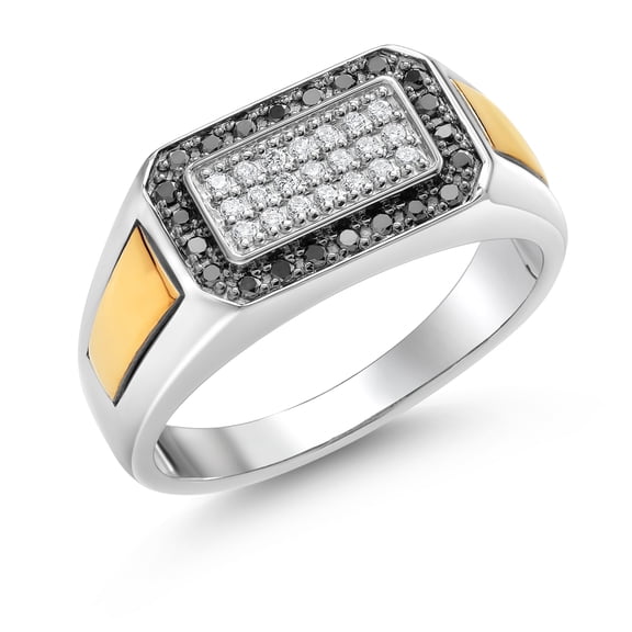Gem Stone King Men's 925 Sterling Silver and 10K Yellow Gold Black Diamond and White Lab Grown Diamond Ring for Men | 0.43 Cttw | 9.5MM Width | Size 12