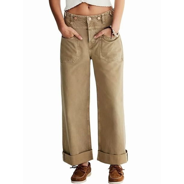 Pantalones Vaqueros de Mujer, Cintura Alta, Pierna Recta, Holgados, Estilo Boyfriend, Pantalones Cargo de Moda 2025. Caqui S