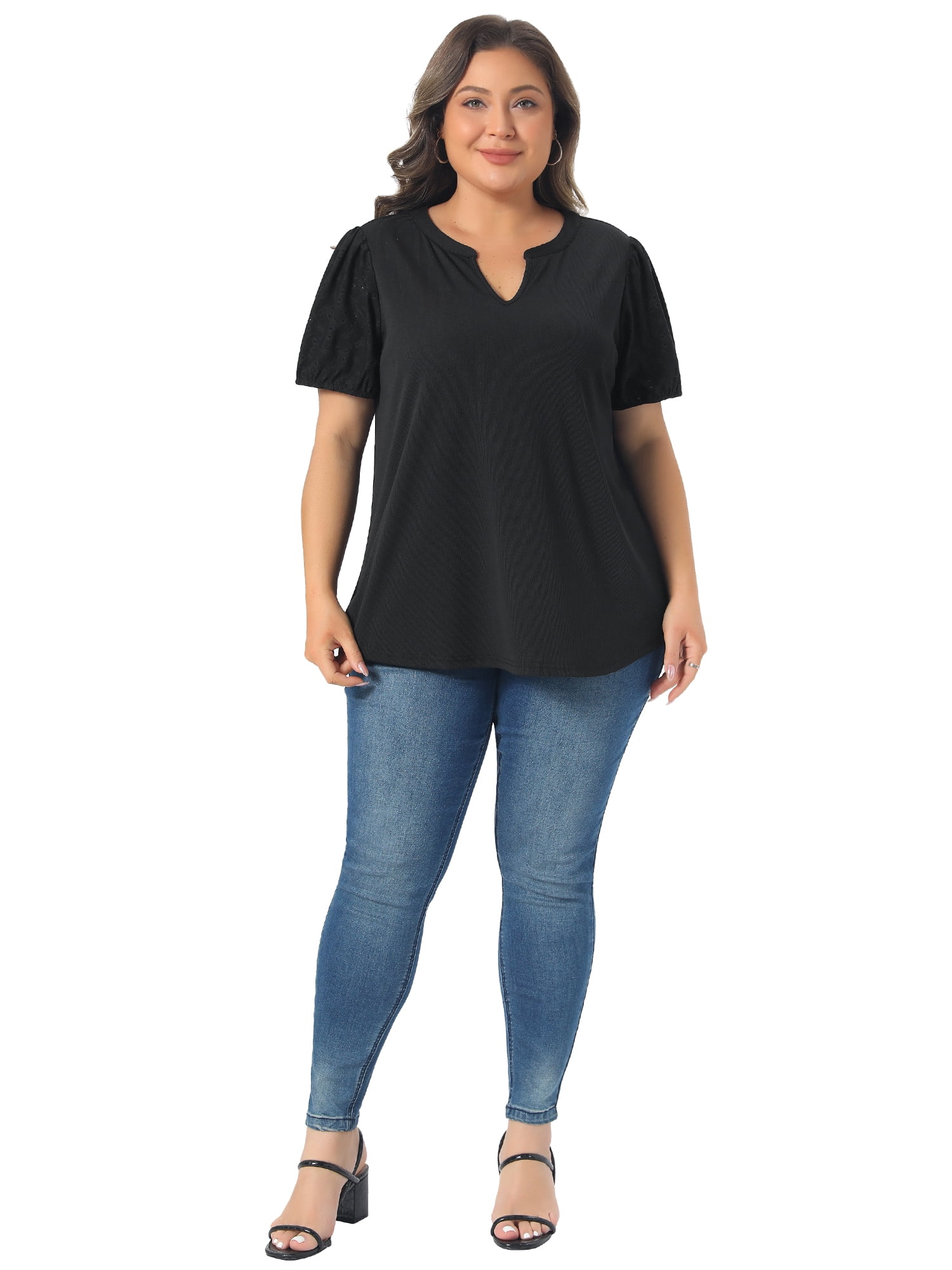 DARING DIVA Women's Plus V Neck Puff Sleeve Tops Blouse 4X Black