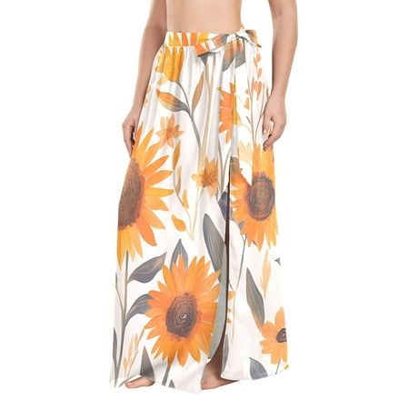 FORMRS Beach Sarong for Women Semi-Sheer Wrap Skirt Swimsuit Cover Up  Watercolor Sunflowers and Leaves