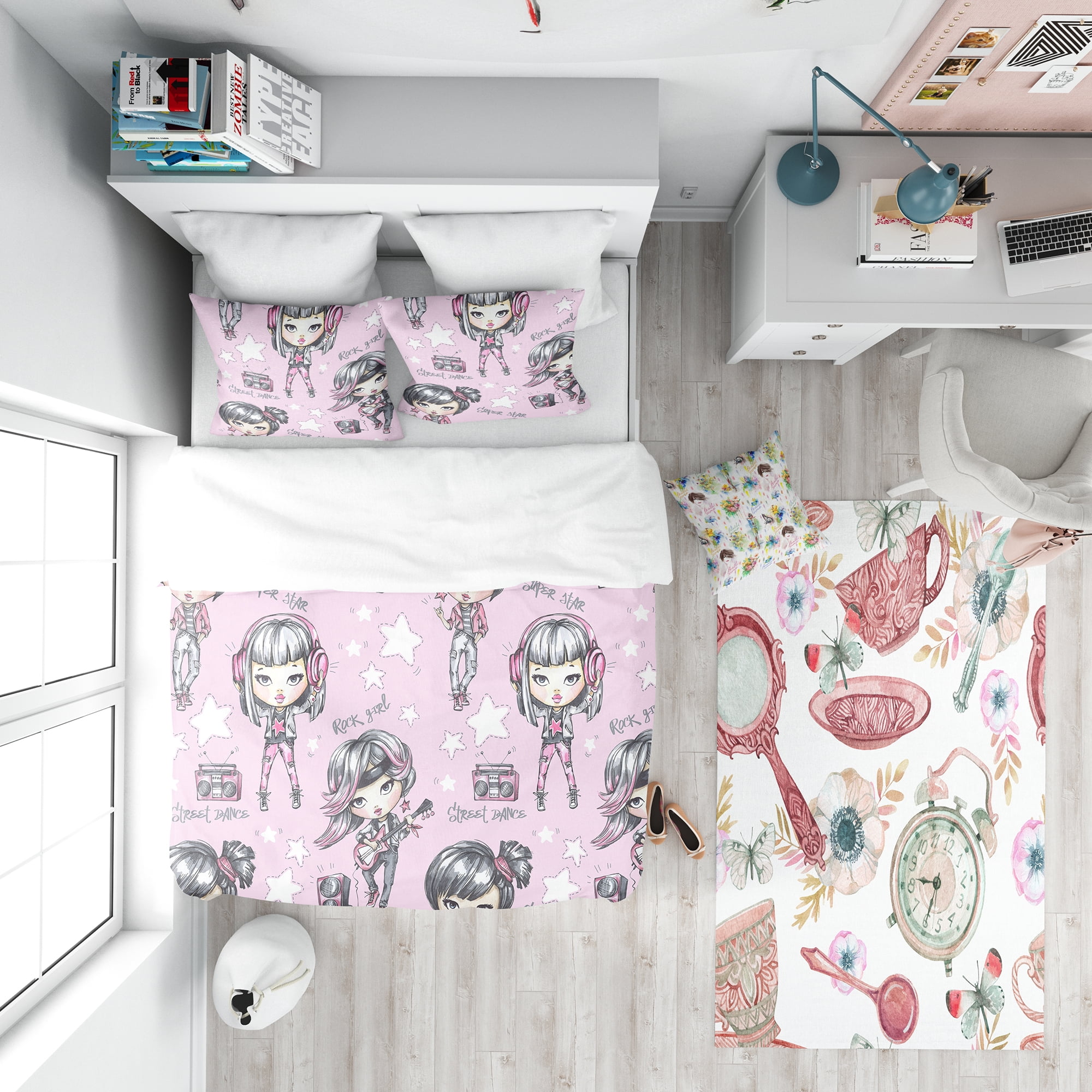 Designart rock Girl Super Star Street Dance Modern Teen Bedding Set Duvet Cover Shams Pink Twin