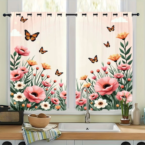 WNOOHIY Watercolor Floral Butterfly Grommet Blackout Curtains, Thermal Insulated Noise‑Reducing Room Darkening Curtain Drapes for Bedroom Living Room, 2Pcs