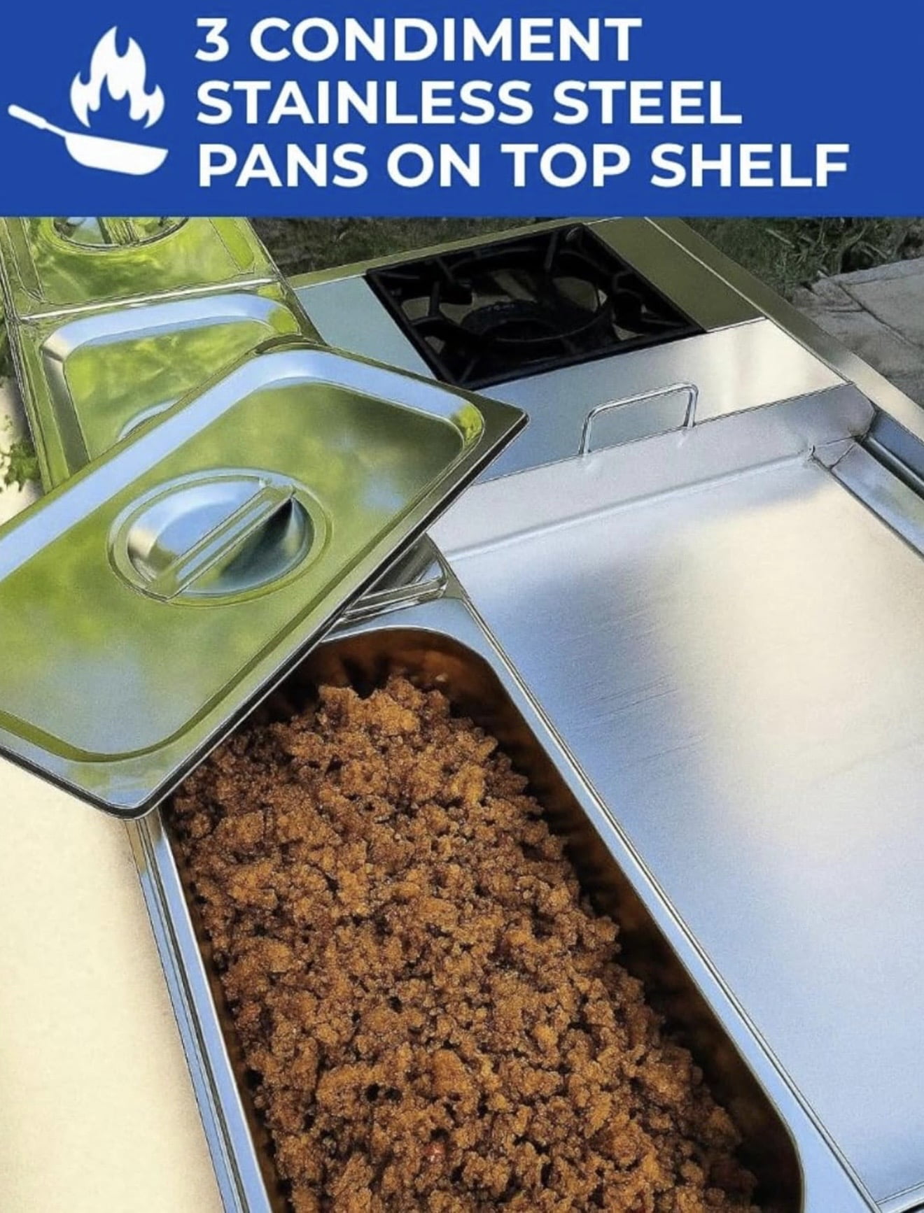 Burner Stove and Flat Top Griddle Cart | 20” Stainless Steel Griddle | 30,000 BTU Cast Iron Burner Stove | Outdoor Propane | Portable 4 Wheel | 3 Condiment Container Pans | Commercial & Home Use