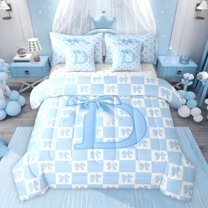 jejeloiu Bowtie Monogrammed D 7 Pieces Bedding Comforter Set,Modern Geometric Checkered Full Bedding Set For Girls Teens Reversible